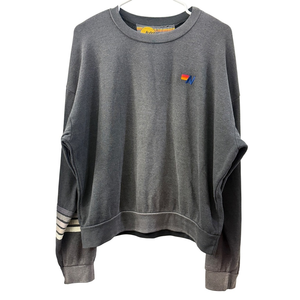 Aviator Nation Womens Small Charcoal Gray Stripe Sleeve Logo Crewneck Sweatshirt
